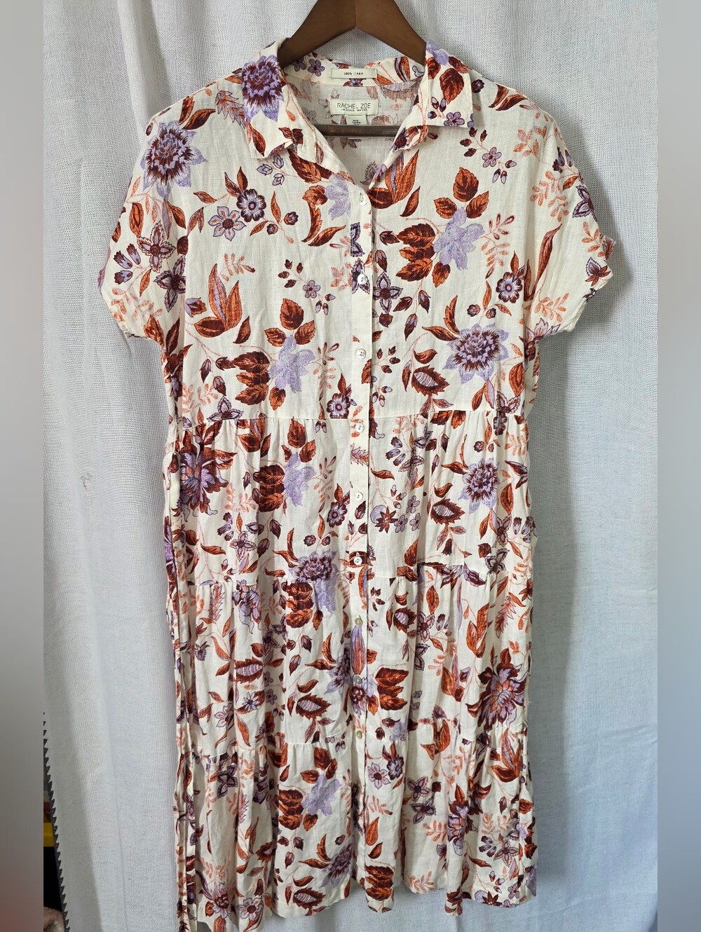 Rachel Zoe 100% Linen Floral Tiered Button Front Shirt Midi Dress M